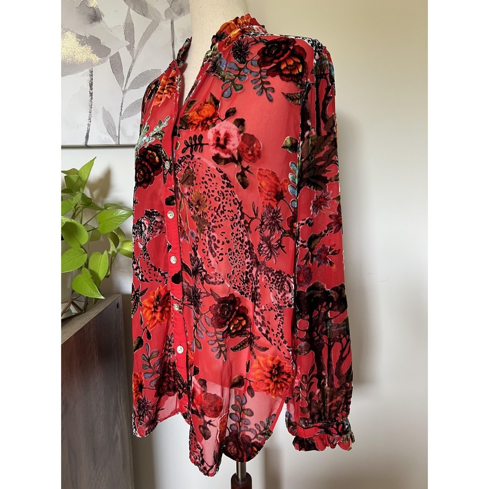 John Mark Top Womens Medium Red Floral Sheer Velvet Burnout Tunic Boho Romantic - Picture 4 of 8